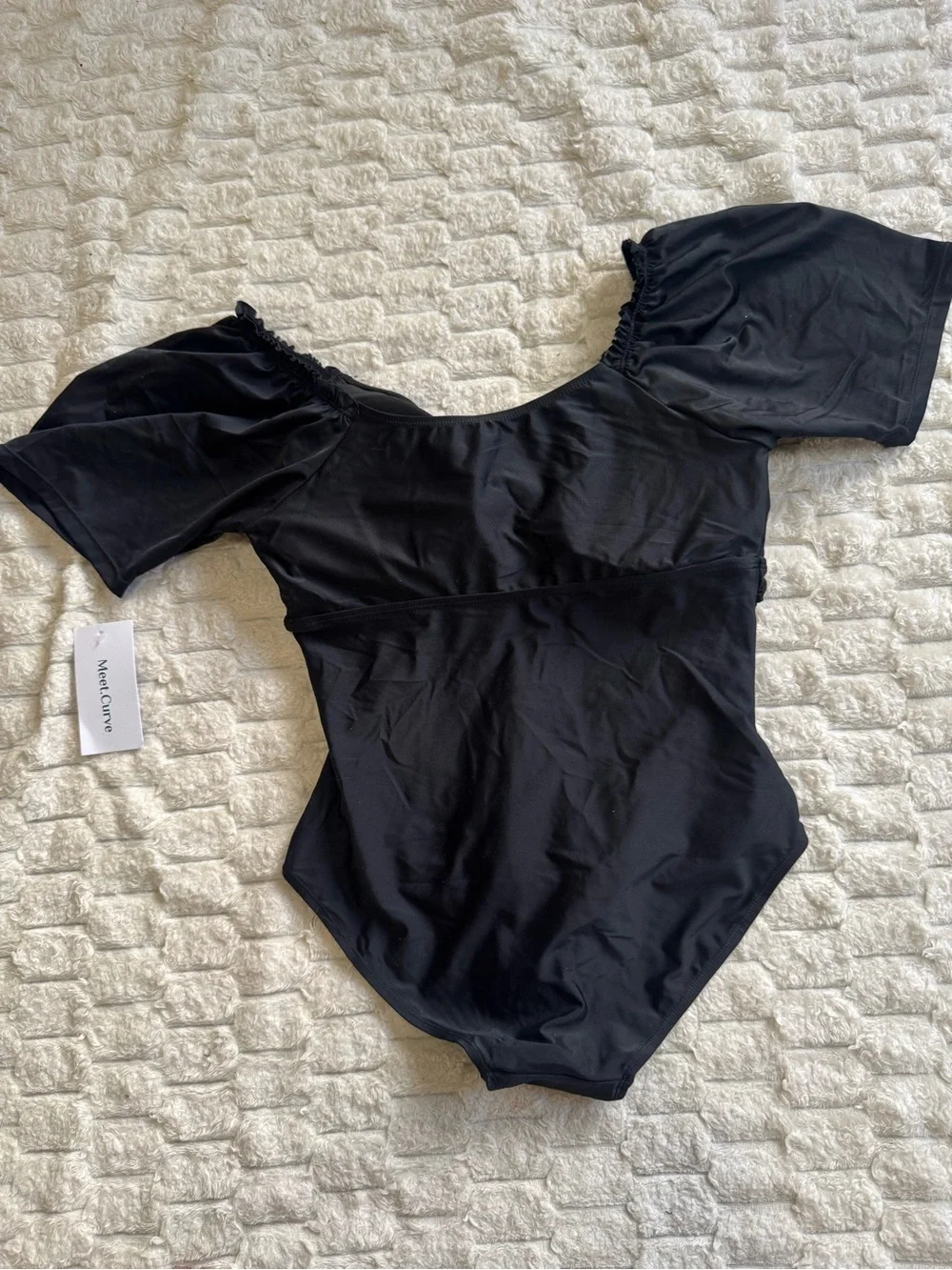 NWT Meet.Curve Black Off Shoulder One Piece Swimsuit White Bow Size Medium
